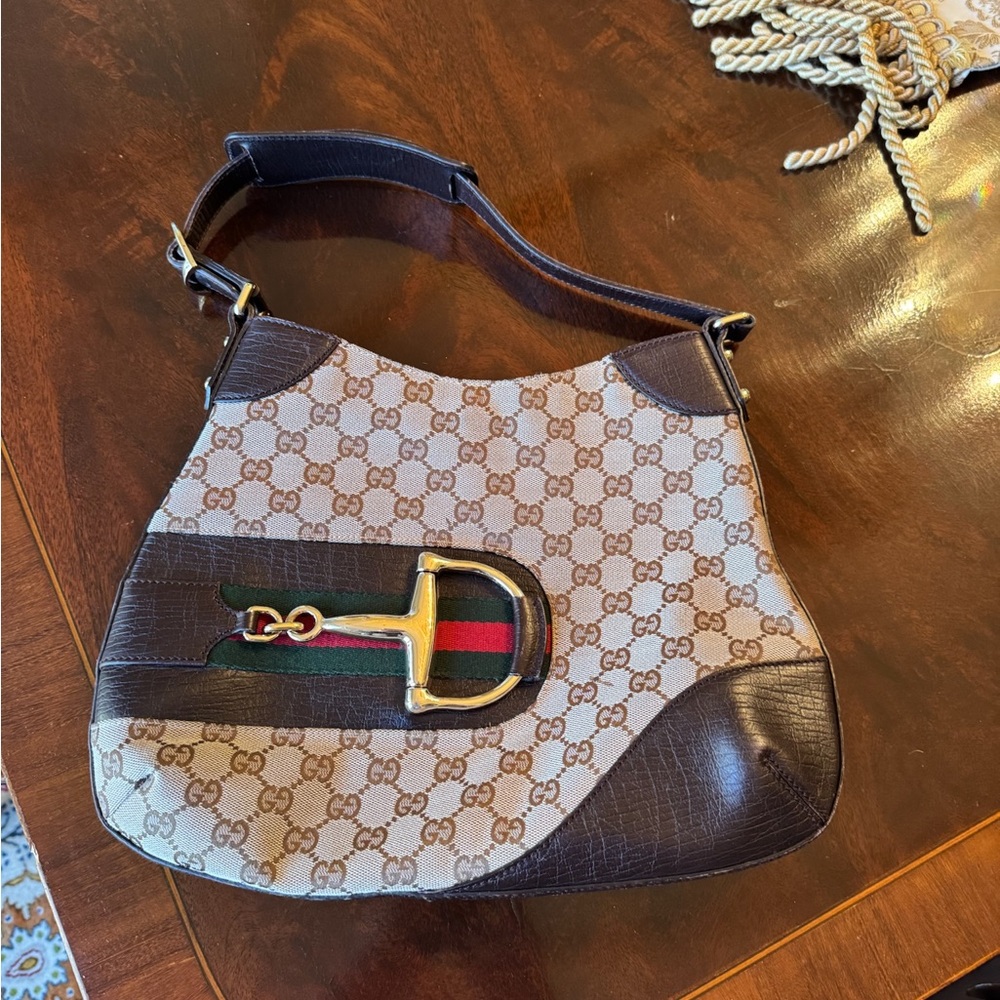 Gucci Brown and Tan Shoulder Bag with Checkered Pattern